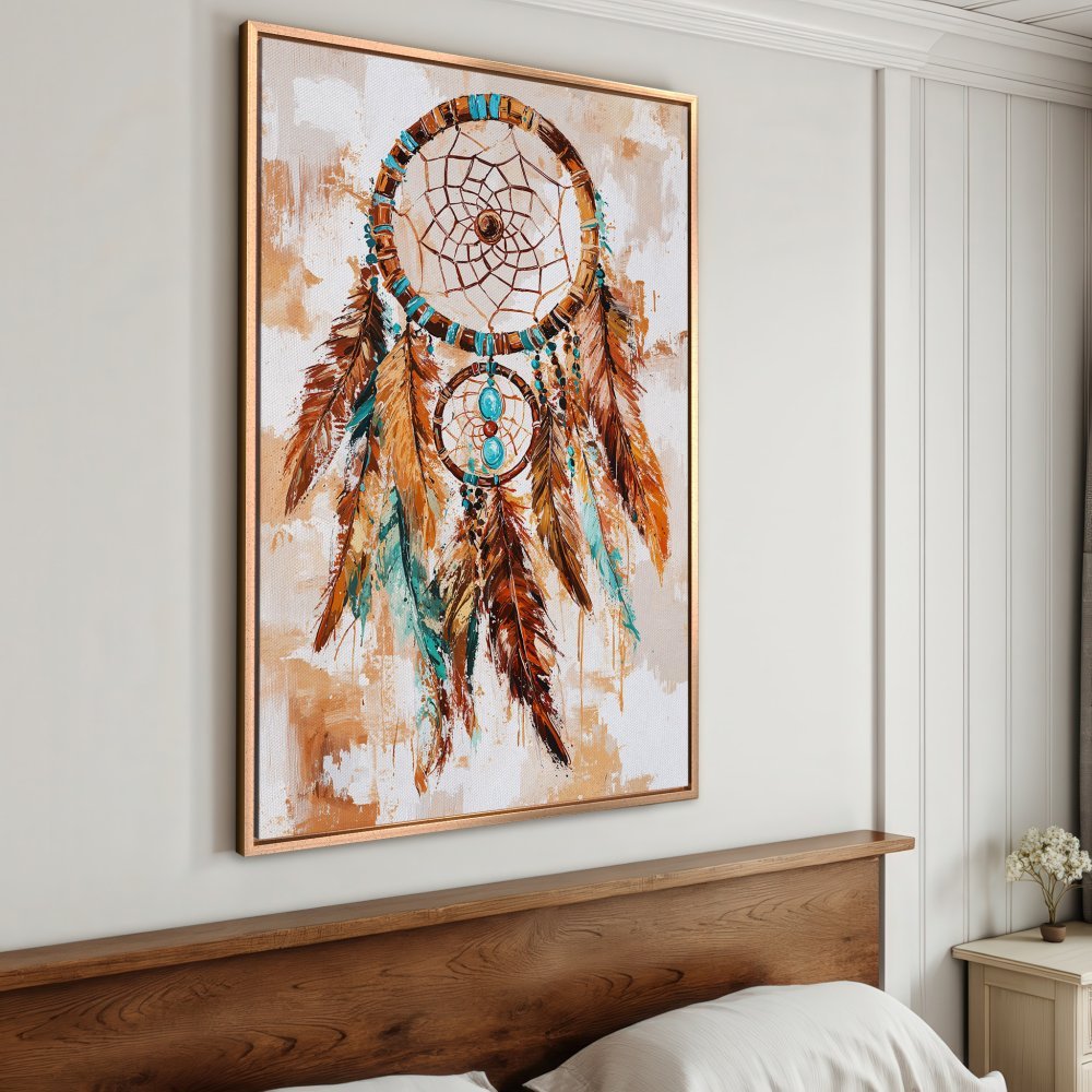 Framed Wall Art: Dreamcatcher painting with warm brown, turquoise, and beige tones. Perfect boho decor for your bedroom!
