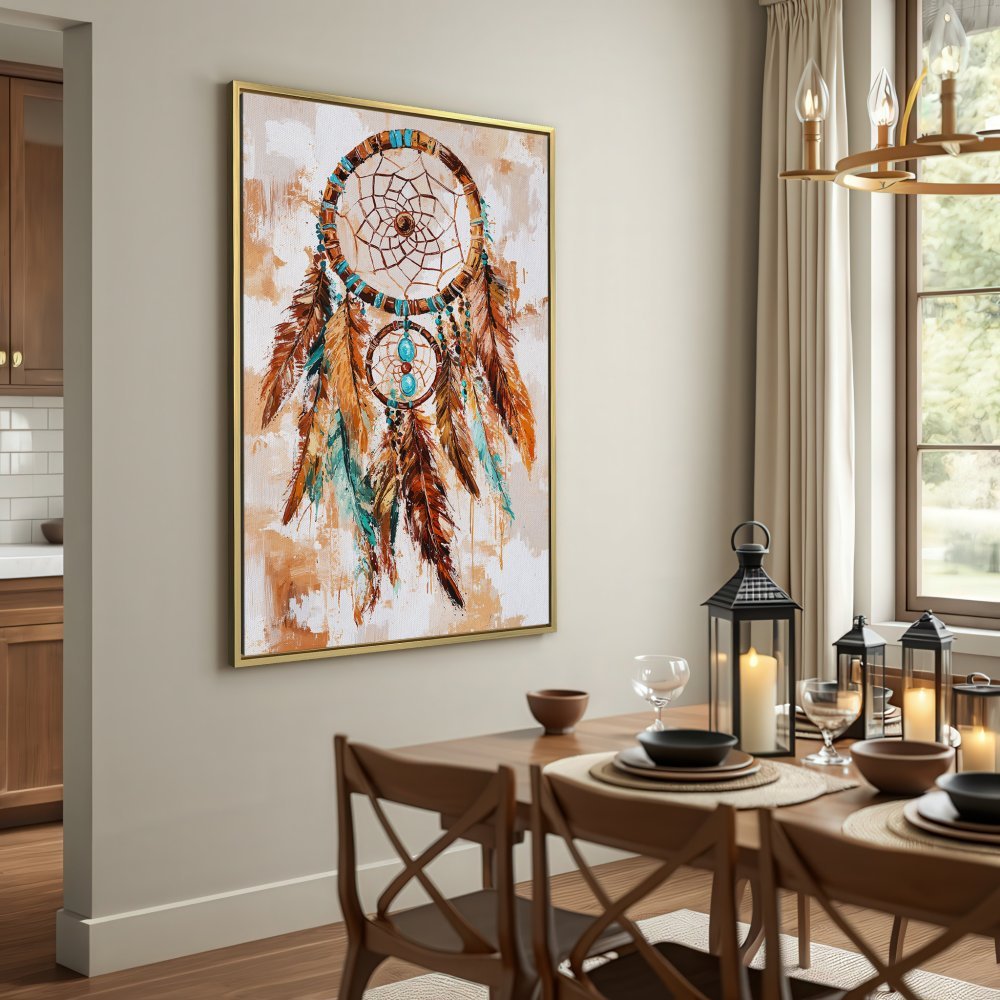 Canvas Print of a Dreamcatcher. Boho style wall art with warm brown, teal, and beige tones. Perfect for living room decor.