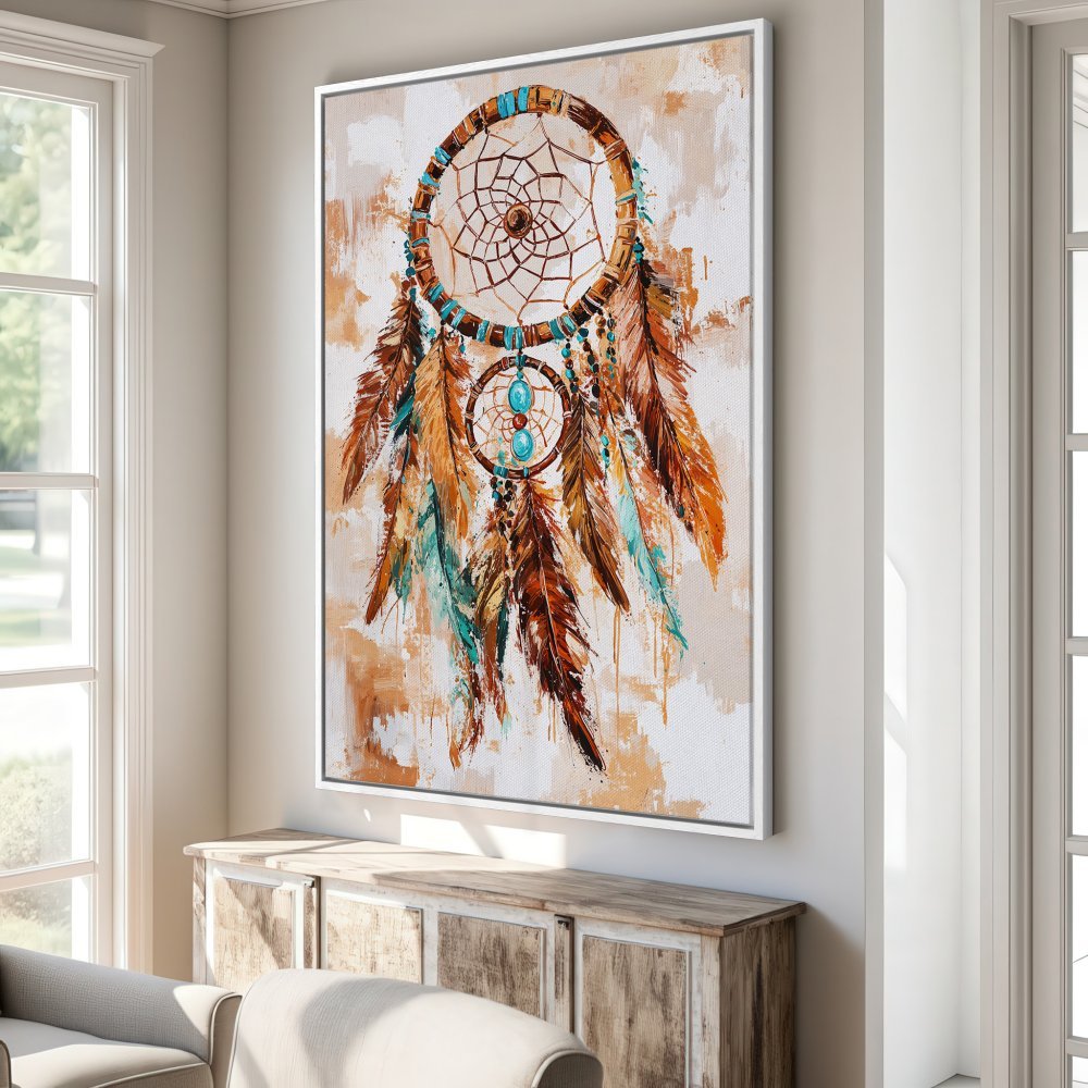 Framed Wall Art: Dreamcatcher canvas print in warm earth tones with turquoise accents. Add bohemian style to your home decor!