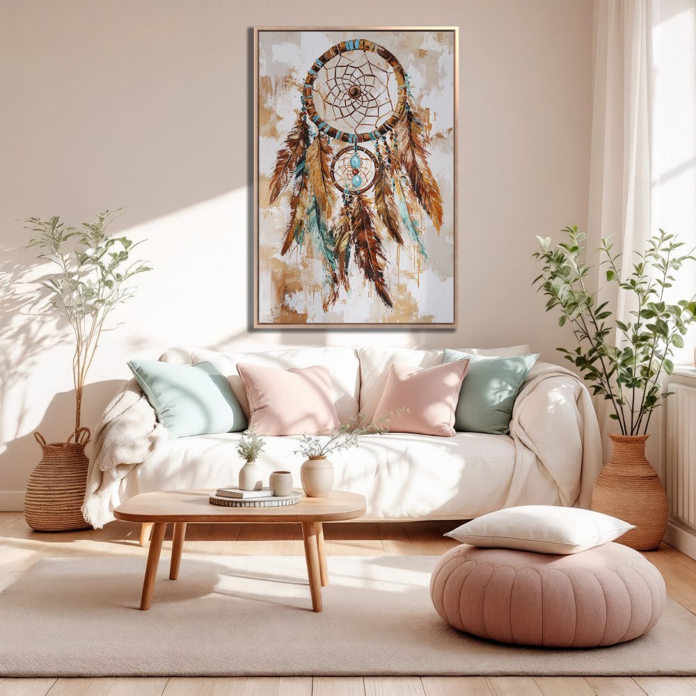 Framed Wall Art: Dreamcatcher Canvas Print in boho style with warm brown, teal, and beige tones. Perfect for living room decor!