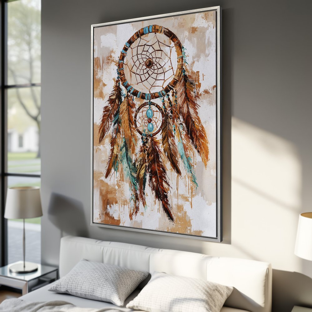 Framed Wall Art: Dreamcatcher Canvas Print in warm brown, teal, and beige tones. Boho style art for bedroom decor.