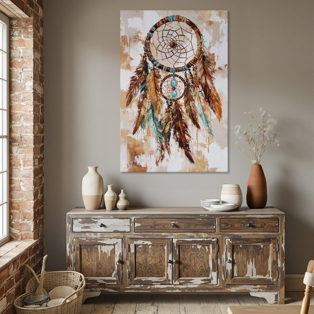 Framed Wall Art: Dreamcatcher painting with warm earth tones and turquoise accents. Perfect boho decor for your dining room.