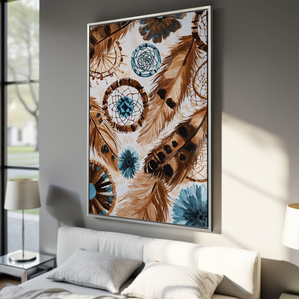 Framed Wall Art: Dreamcatcher Canvas Print, boho style with brown, teal, and white color palette. Perfect for bedroom decor!