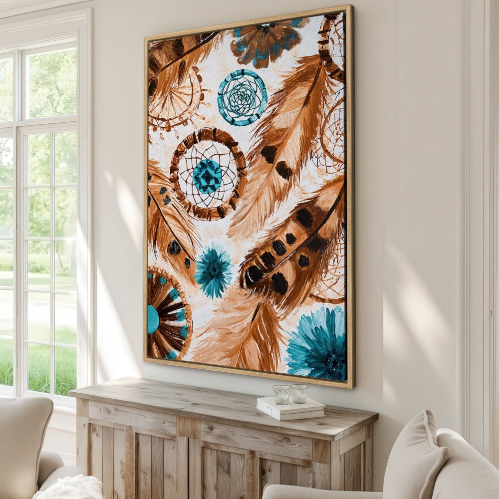 Framed Wall Art featuring dreamcatchers and feathers in warm brown and teal tones. Boho style Canvas Print for a cozy interior.