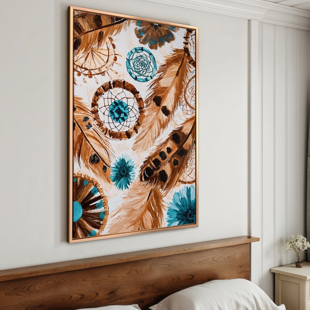 Framed Wall Art: Dreamcatcher Canvas Print with boho style, featuring brown, teal, and white color palette. Perfect for bedroom decor!