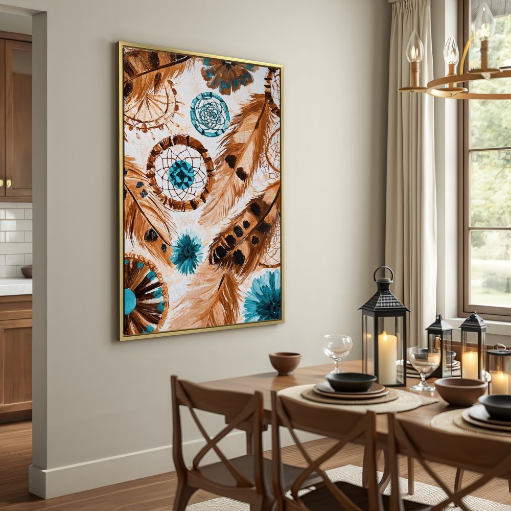 Canvas Print featuring dreamcatchers and feathers in brown and teal, perfect bohemian wall art for your home.