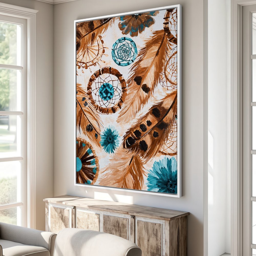 Framed Wall Art: Dreamcatcher & feather print in warm brown & teal. Boho style canvas print for living room decor.