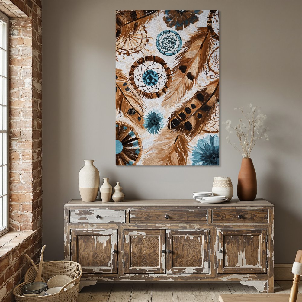 Framed Wall Art featuring dreamcatchers and feathers in a boho style with a brown and turquoise color palette. Perfect for home decor!