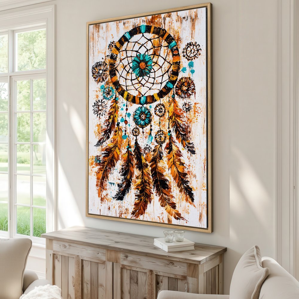 Framed Wall Art: Dreamcatcher Canvas Print in warm orange & teal. Boho style art for living room decor. Enhance your space!