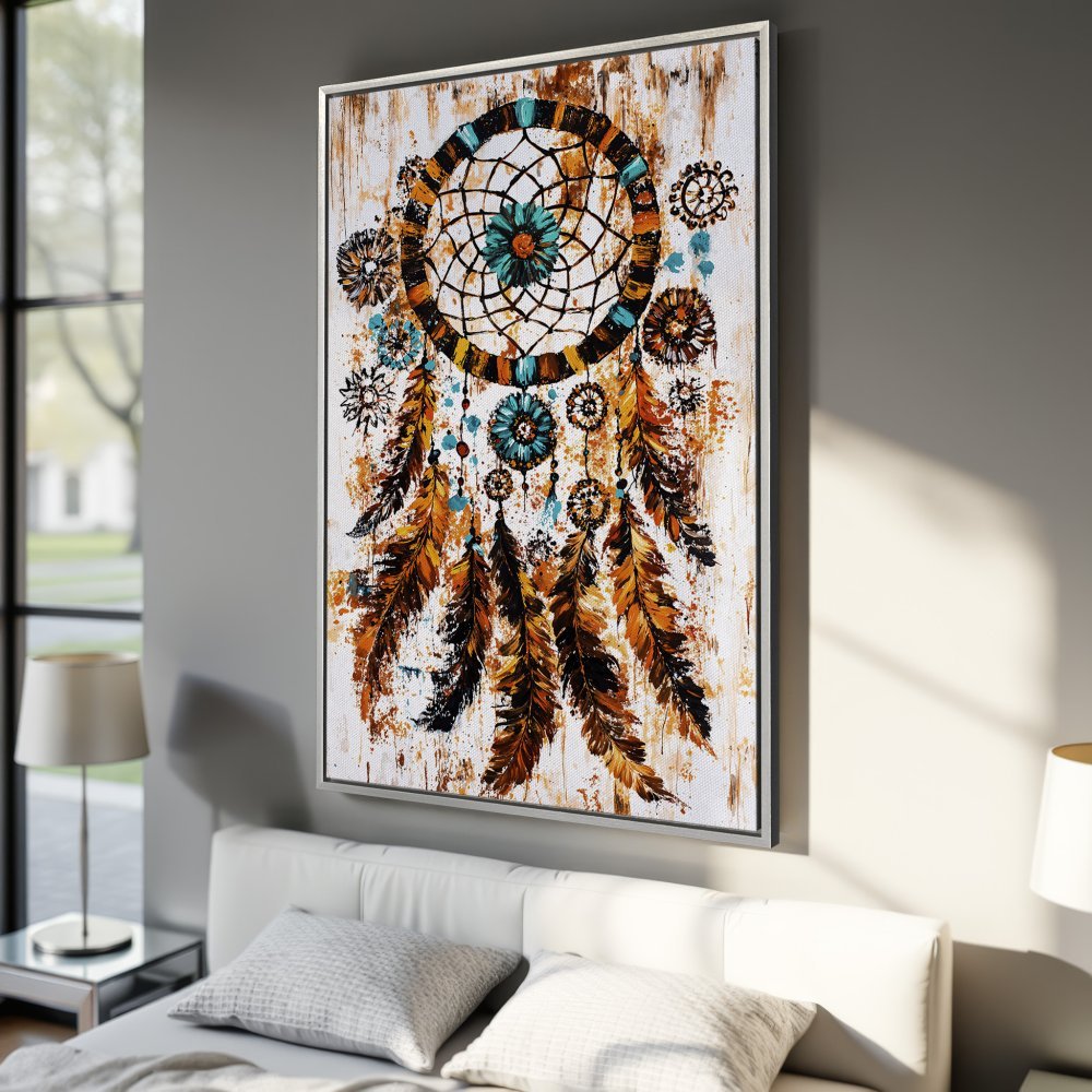 Framed Wall Art: Dreamcatcher Canvas Print in rustic style with warm brown, teal, and white color palette. Perfect boho home decor.