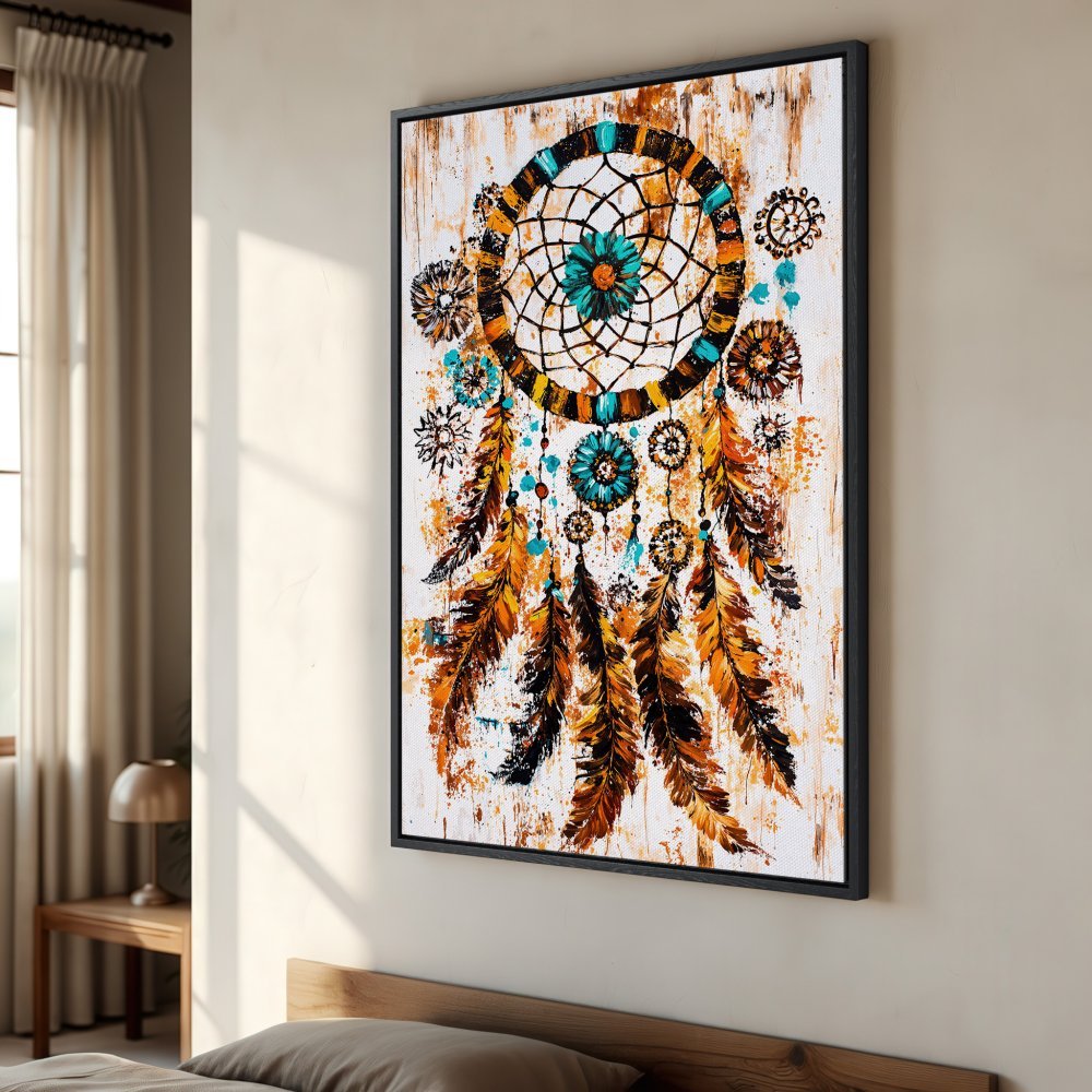 Framed Wall Art: Dreamcatcher Canvas Print in boho style, featuring a warm orange, teal, and brown color palette. Perfect for adding a touch of art to your space!