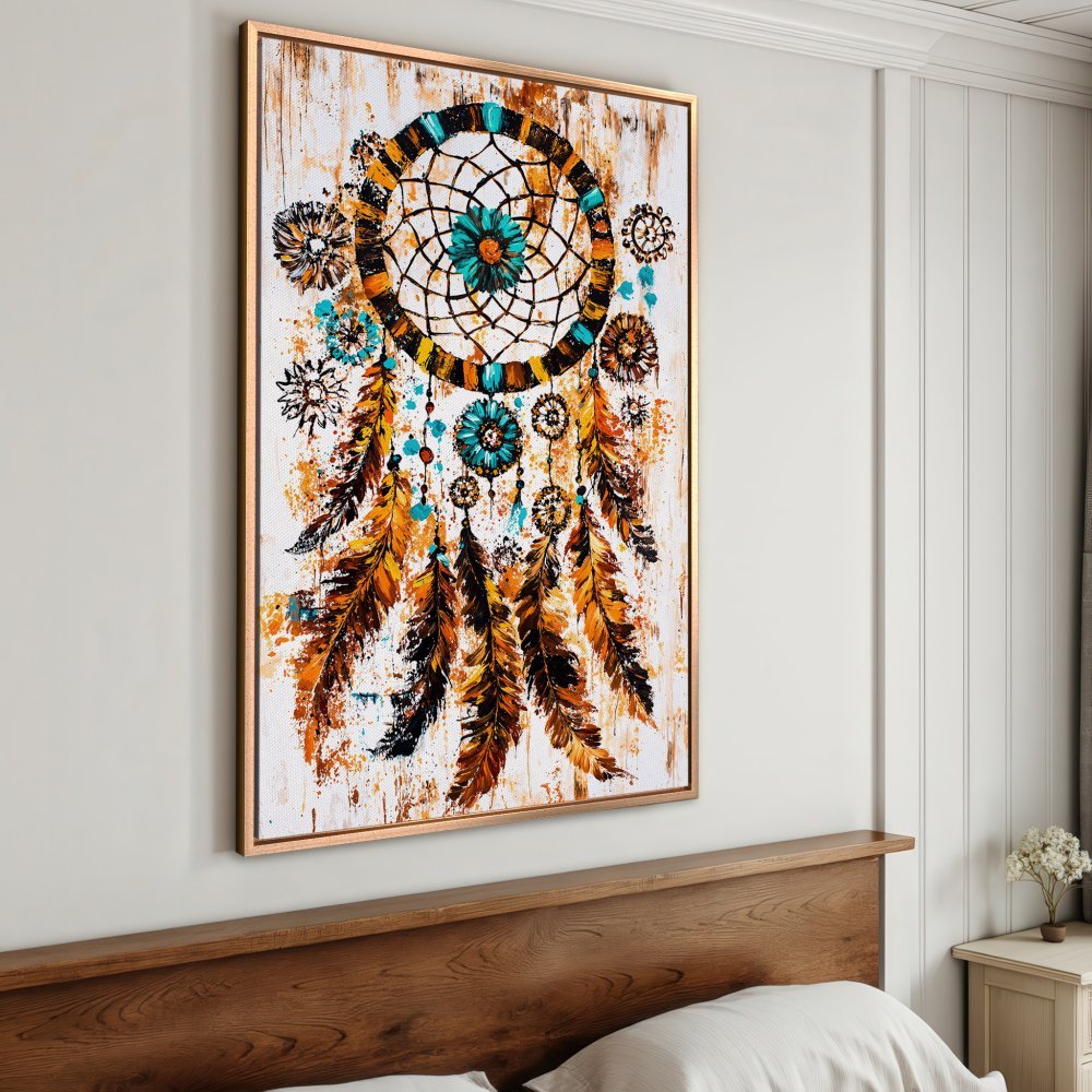 Framed Wall Art: Dreamcatcher Canvas Print in boho style, featuring warm orange, turquoise, and brown tones. Perfect home decor accent!