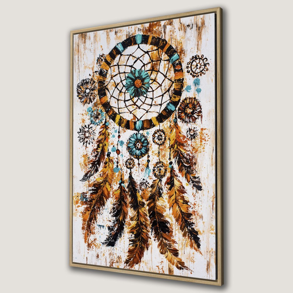 Framed Wall Art: Dreamcatcher painting in warm earth tones and turquoise. Boho style canvas print for home decor.