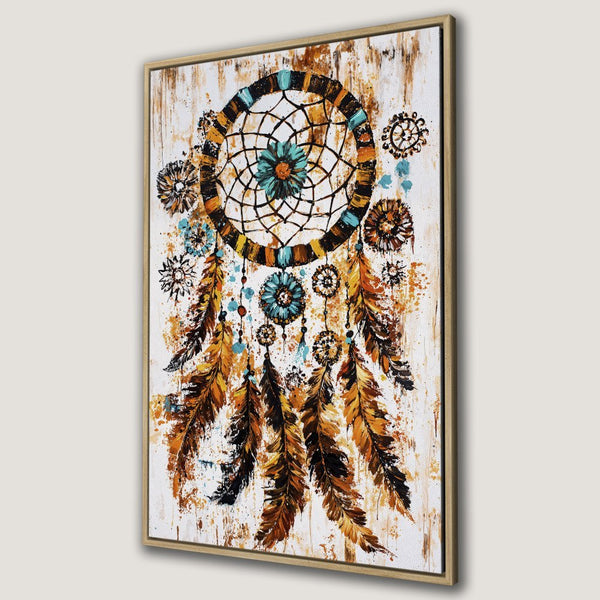 Framed Wall Art: Dreamcatcher painting in warm earth tones and turquoise. Boho style canvas print for home decor.