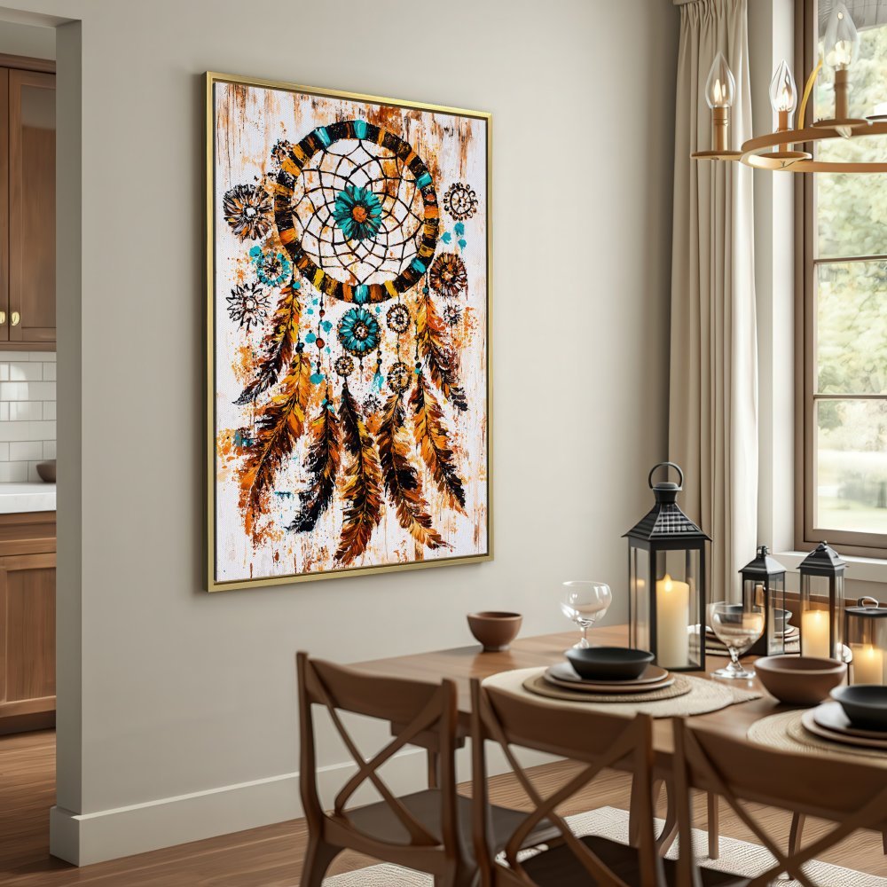 Canvas Print of a dreamcatcher. Rustic style wall art with a warm, earthy color palette. Perfect for boho decor.