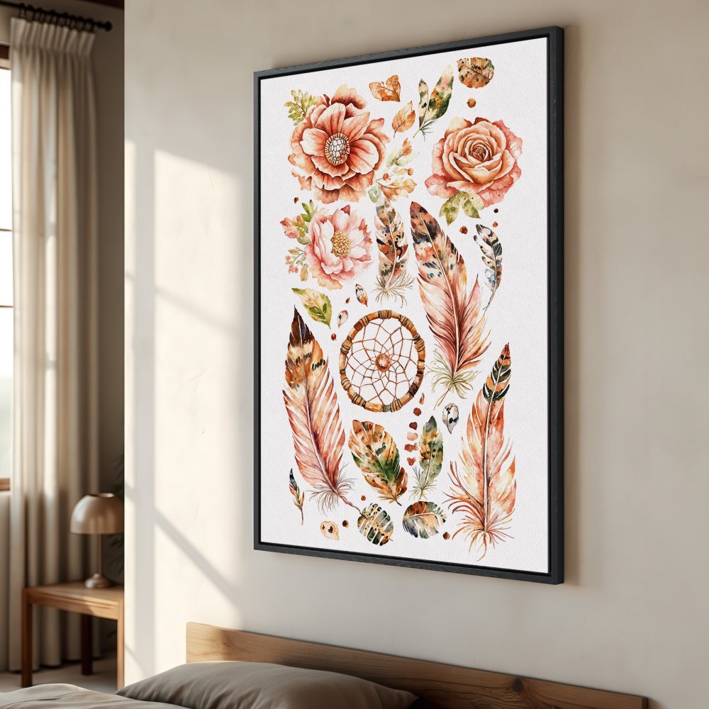 Framed Wall Art: Watercolor floral and feather design in warm earth tones. Boho style Canvas Print for a cozy bedroom.