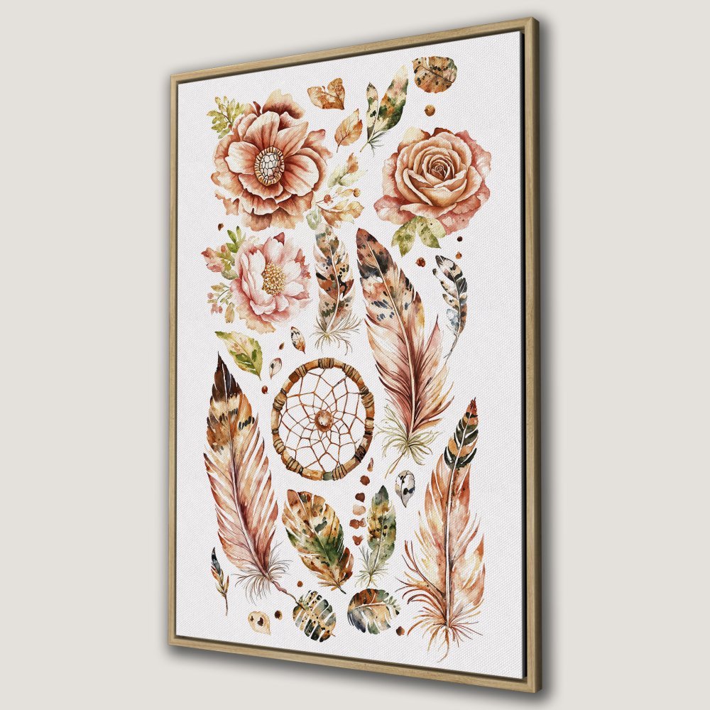 Boho Canvas Print featuring watercolor feathers, flowers, and dreamcatcher in warm earth tones. Perfect wall art for a cozy, stylish space!