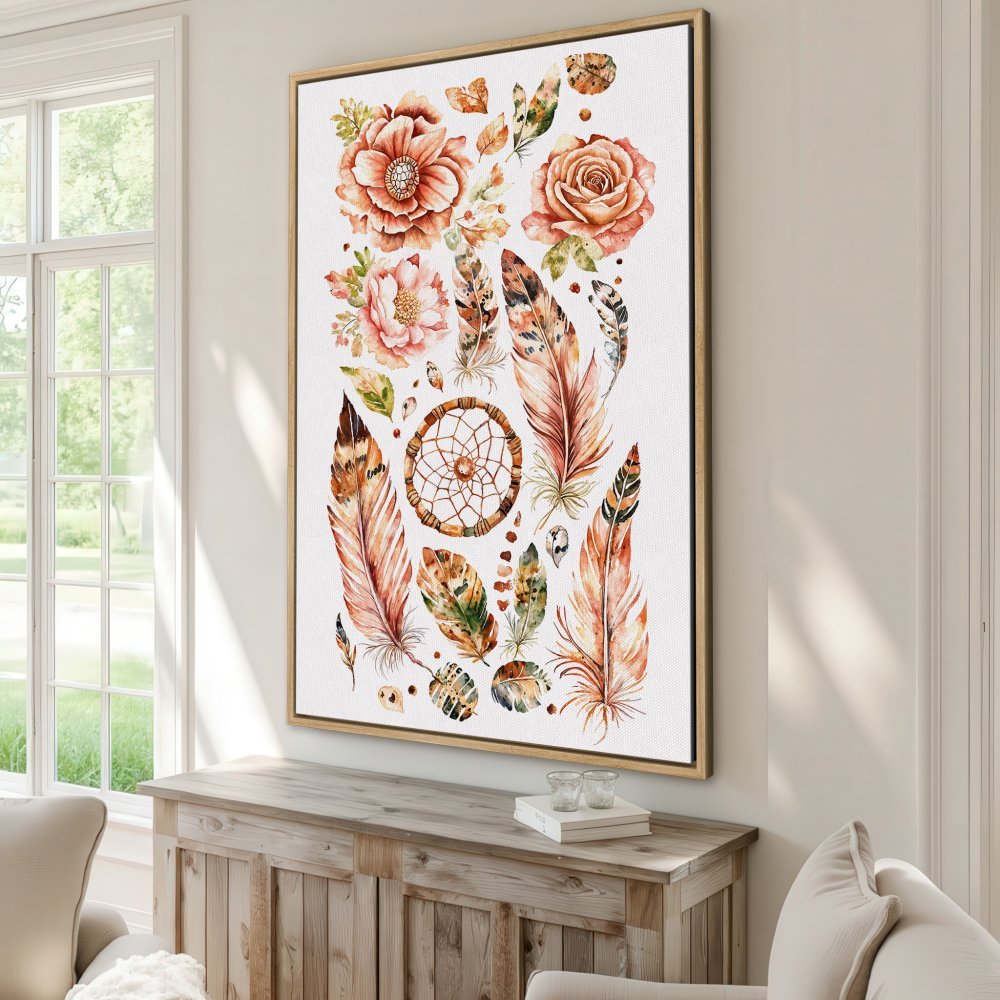 Framed Wall Art: Watercolor floral and feather print in warm earth tones. Boho style Canvas Print perfect for living room or bedroom decor.