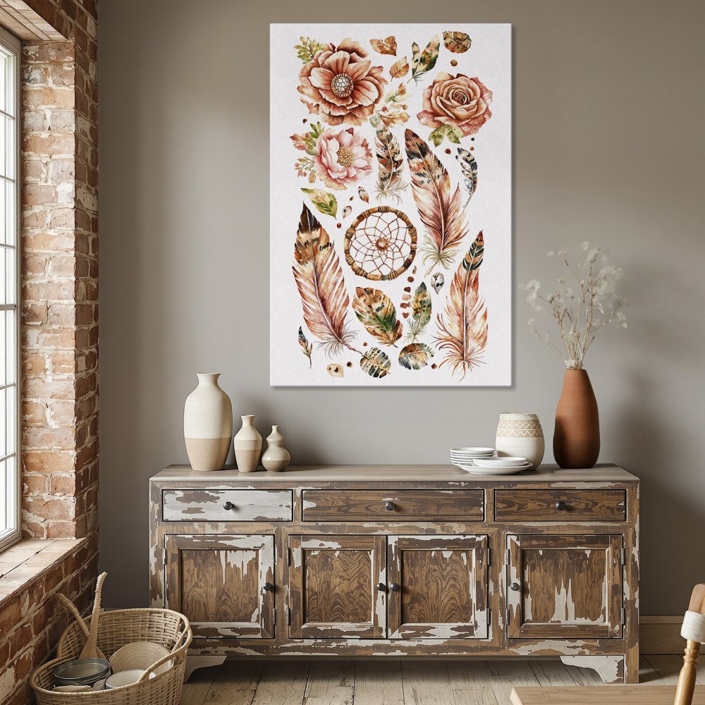 Framed Wall Art: Watercolor floral and feather design in warm orange and brown tones. Perfect boho decor for your dining room.