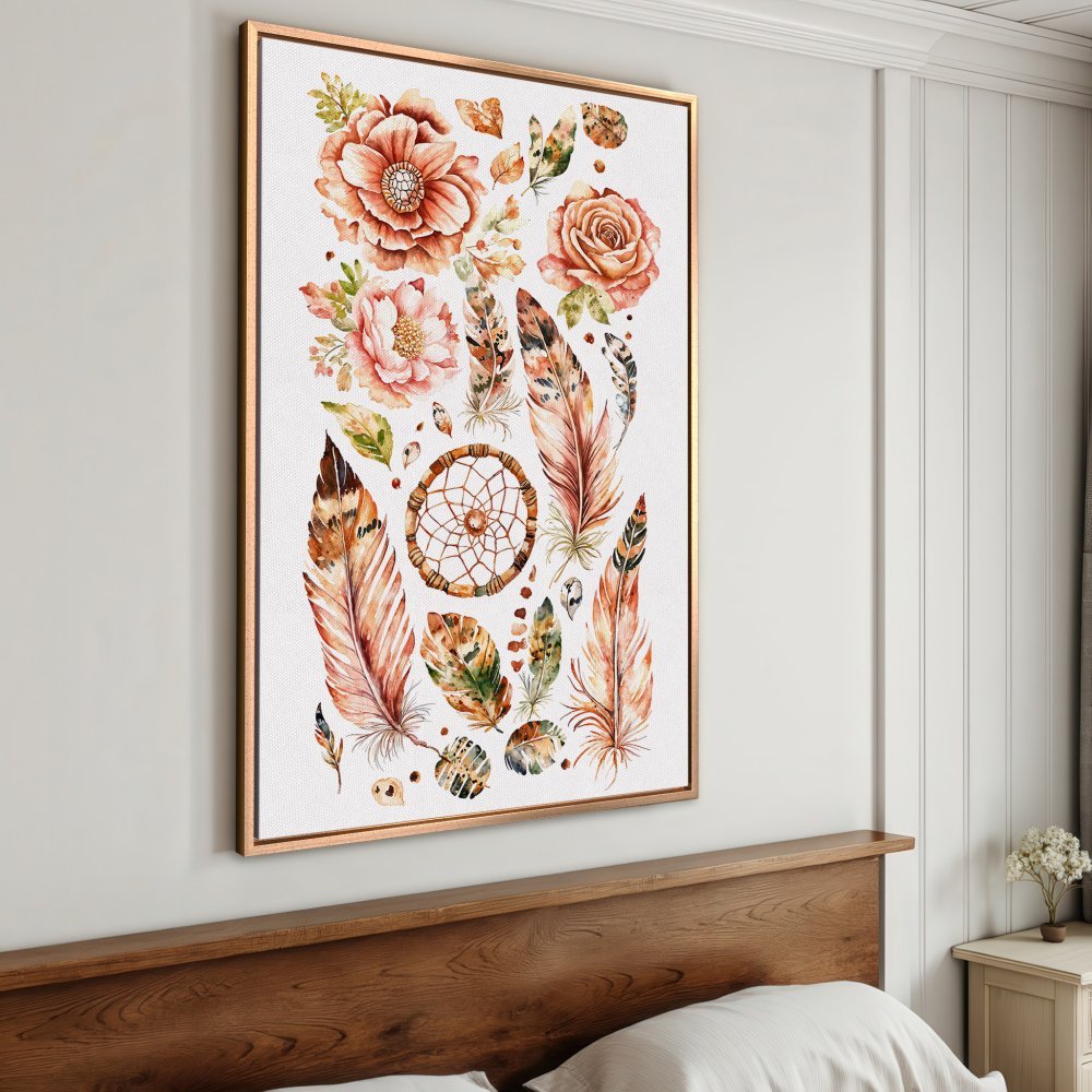 Framed Wall Art: Watercolor floral and feather print in warm earth tones. Boho style canvas print perfect for bedroom decor.