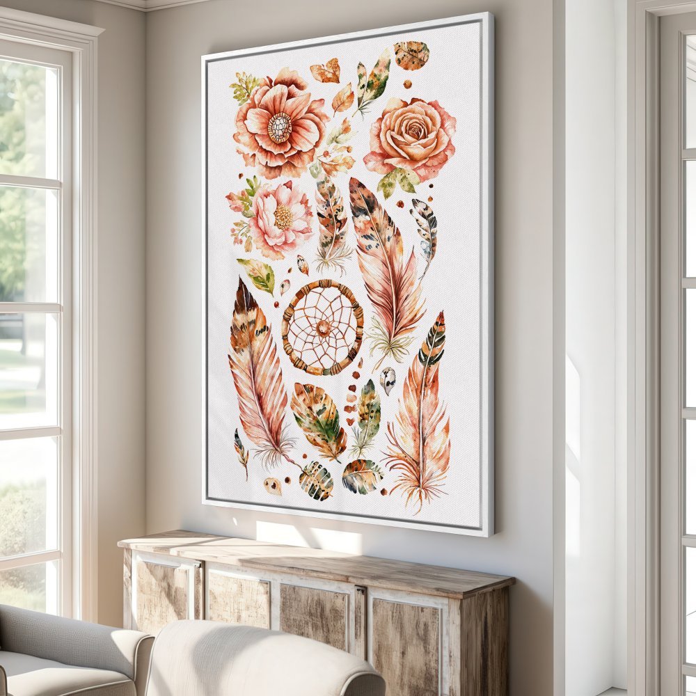Canvas Print featuring watercolor feathers, flowers, and a dreamcatcher in warm earth tones. Boho style wall art.