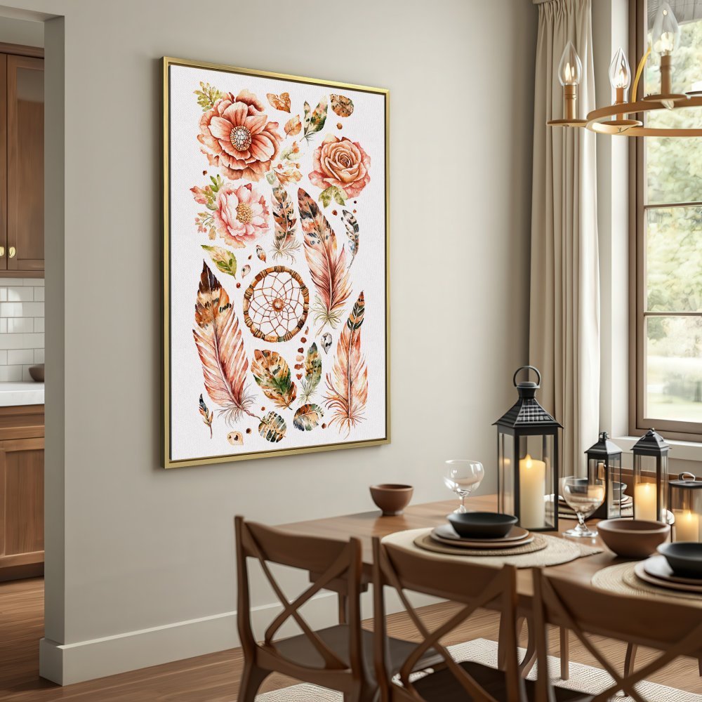 Boho Canvas Print: Watercolor floral and feather art in warm earth tones. Perfect wall decor for a cozy, stylish home.