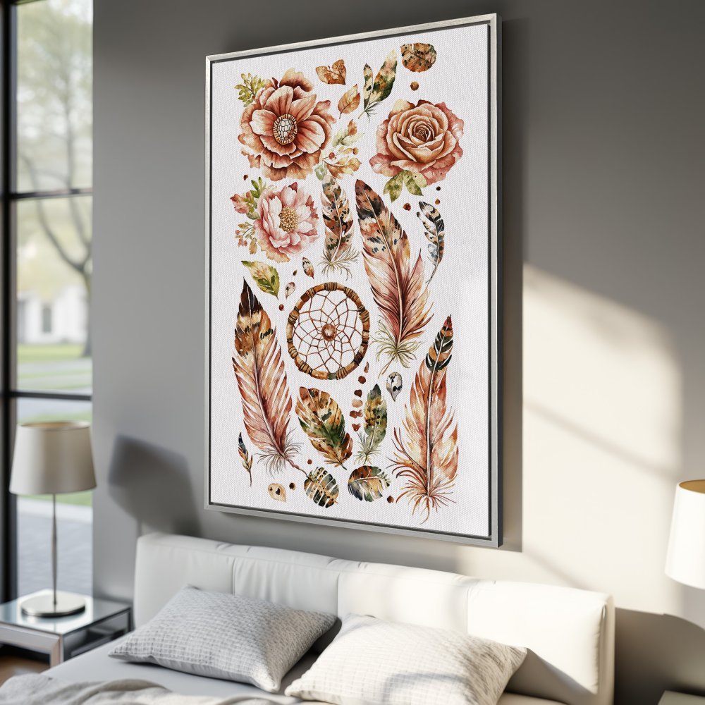Framed Wall Art: Boho-style canvas print with watercolor flowers, feathers & dreamcatcher. Earthy tones for a cozy, stylish bedroom.