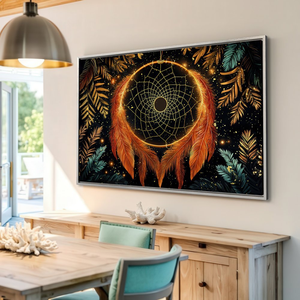 Framed Wall Art: Dreamcatcher Canvas Print. Boho style art with warm orange, gold, and teal tones. Perfect for adding a touch of elegance.