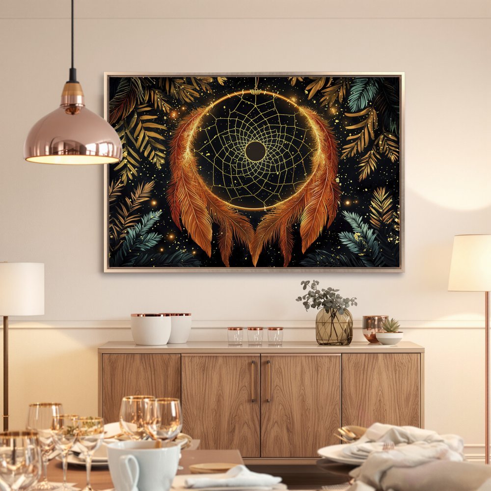 Framed Wall Art: Dreamcatcher Canvas Print in warm gold and copper tones, perfect for bohemian home decor. Shop now!