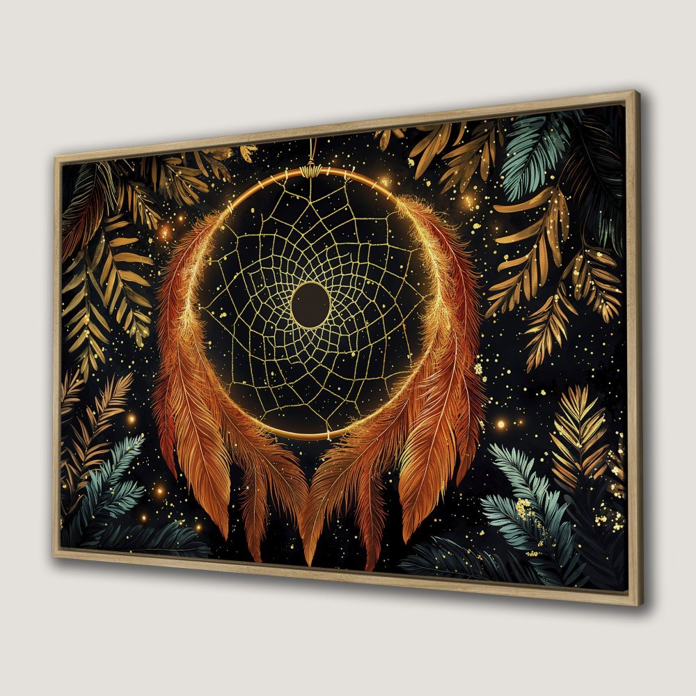 Framed Wall Art: Dreamcatcher art print with gold and copper accents on a black background. Boho style canvas print for a stylish interior.