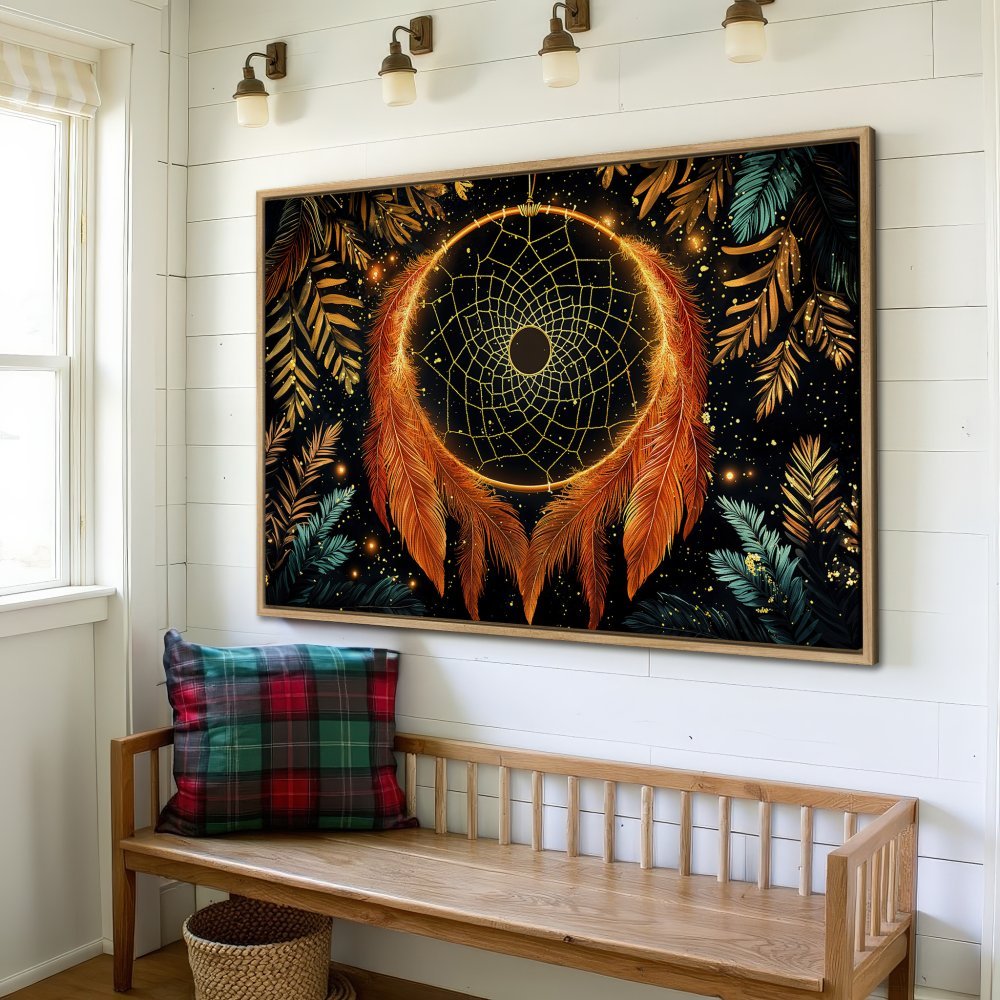 Framed Wall Art: Dreamcatcher print in warm orange and gold tones. Boho style canvas art for a cozy interior.