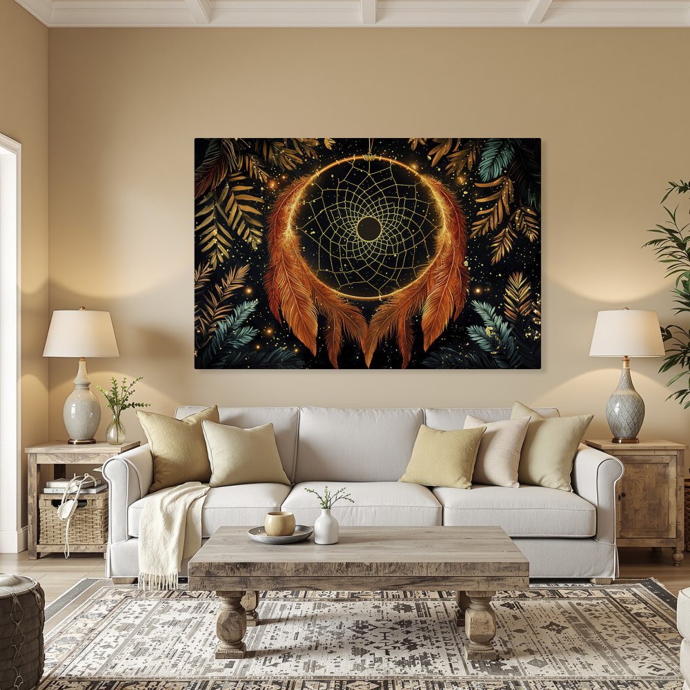 Framed Wall Art: Dreamcatcher canvas print with warm orange and gold tones, perfect for bohemian decor. Add a touch of magic to your space!