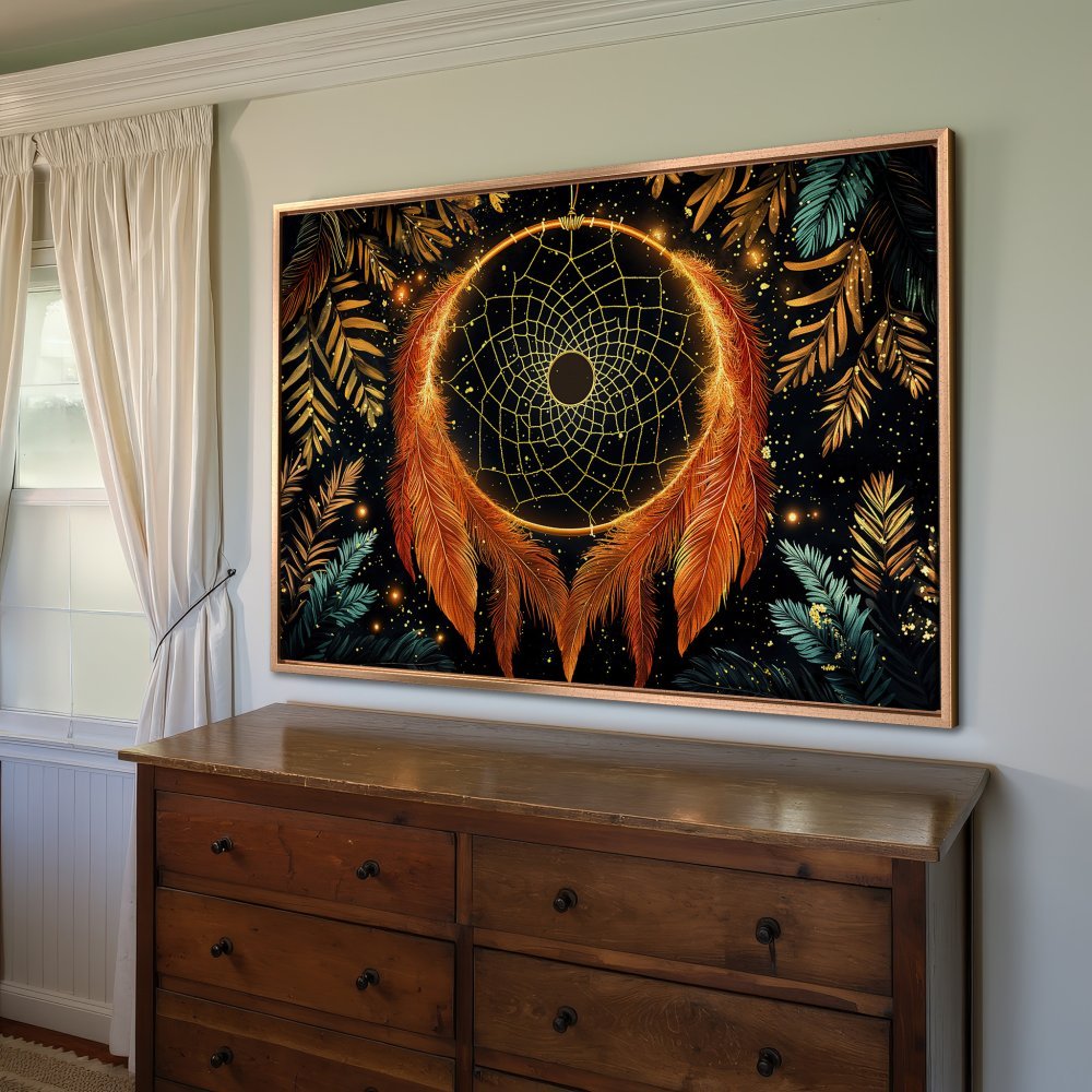 Framed Wall Art: Dreamcatcher print with warm orange, gold, and teal tones. Bohemian style canvas art for a stylish interior.