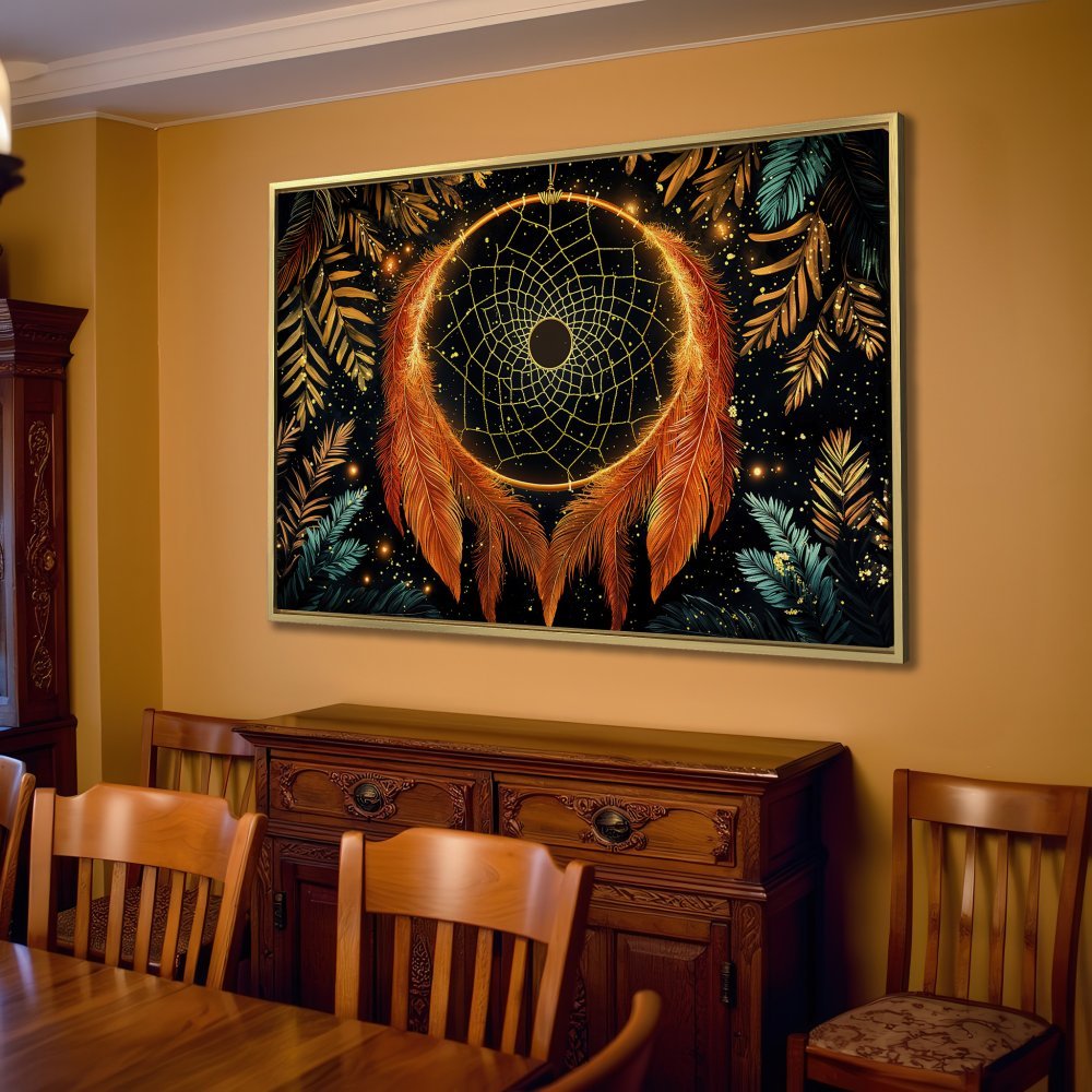 Canvas Print featuring a dreamcatcher design in warm gold and rust tones, perfect for boho home decor.