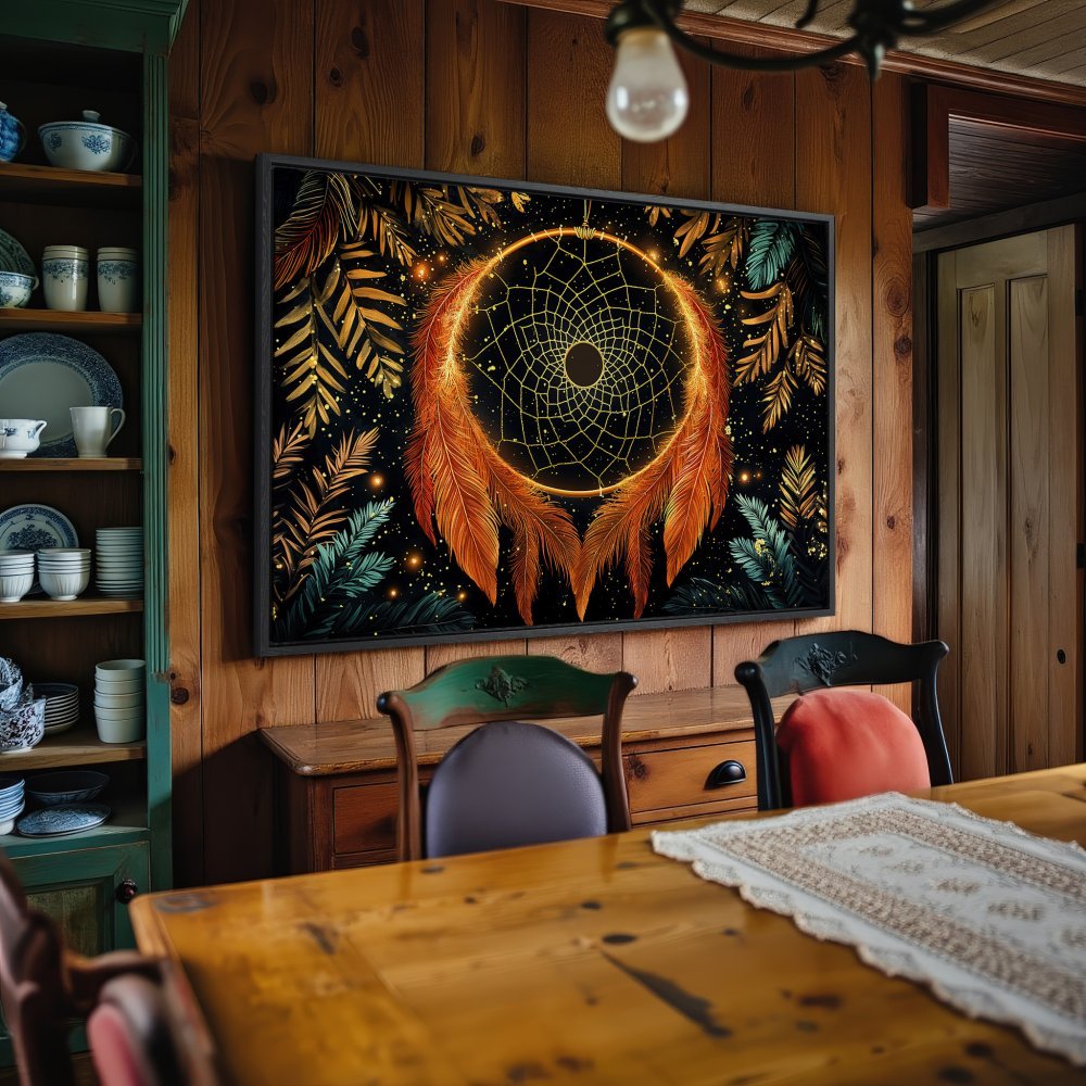 Framed Wall Art: Dreamcatcher canvas print with warm orange and gold tones, perfect for bohemian home decor.