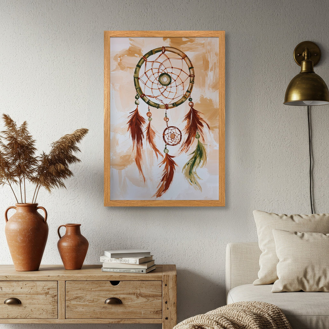 Framed Poster featuring a dreamcatcher artwork in earthy tones, perfect for bohemian style decor. Enhance your space with this beautiful print.