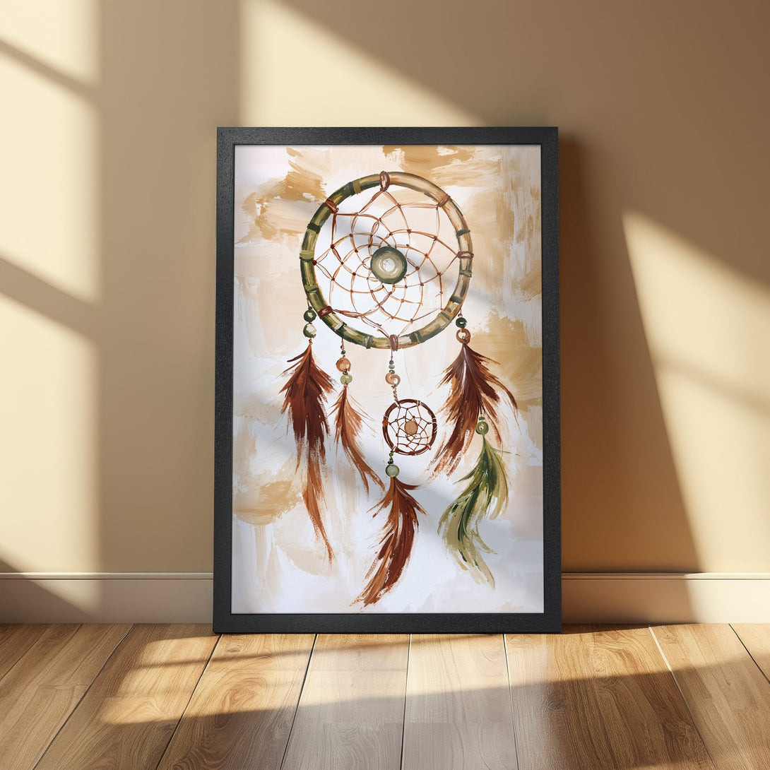 Framed Poster featuring a dreamcatcher in a watercolor style with earthy tones. Enhance your space with this beautiful art print.