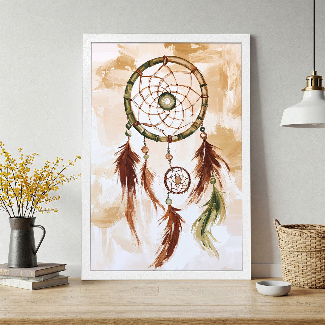 Framed Poster featuring a dreamcatcher in a bohemian style with a warm, earthy color palette. Perfect wall art for your home!
