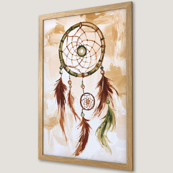 Framed Poster featuring a dreamcatcher painting in earthy tones. Bohemian style art print for home decor.