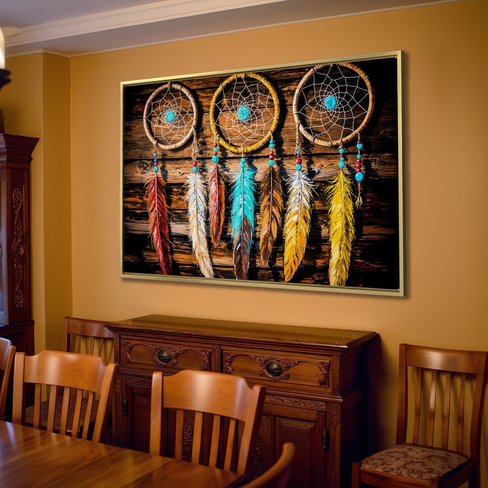 Dreamcatcher Canvas Print, rustic style with warm earth tones and vibrant feather accents. Perfect boho wall art for your living room!