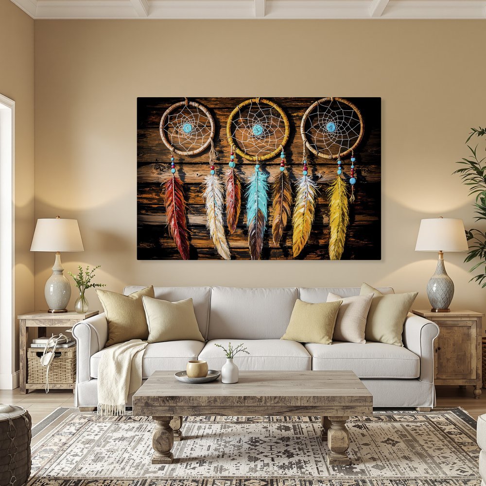 Framed Wall Art: Dreamcatcher Canvas Print with vibrant feathers. Rustic style, warm earth tones with pops of turquoise and yellow. Perfect home decor.
