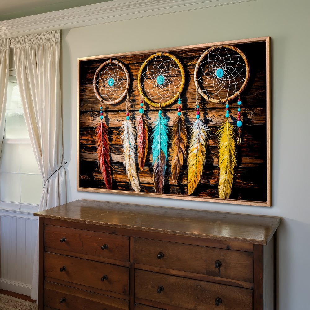 Framed Wall Art: Dreamcatcher print with vibrant feathers. Rustic style, warm color palette. Perfect for adding bohemian flair to your home decor.