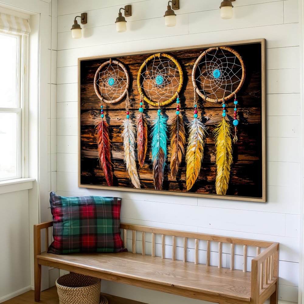 Framed Wall Art: Dreamcatcher Canvas Print with vibrant feathers. Rustic style with warm wood tones, turquoise, and earthy reds. Perfect boho decor!