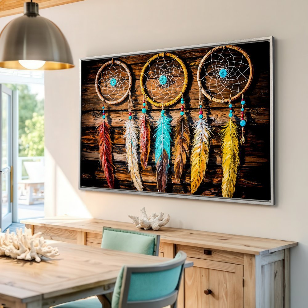 Framed Wall Art: Dreamcatcher print with rustic wood background, vibrant feathers in warm & cool tones. Perfect boho decor for your home.