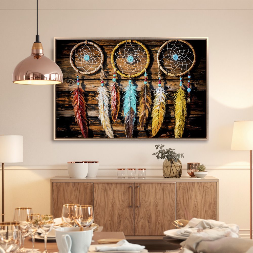 Framed Wall Art: Dreamcatcher canvas print with rustic wood background, featuring vibrant feathers in warm, earthy tones. Perfect boho decor!