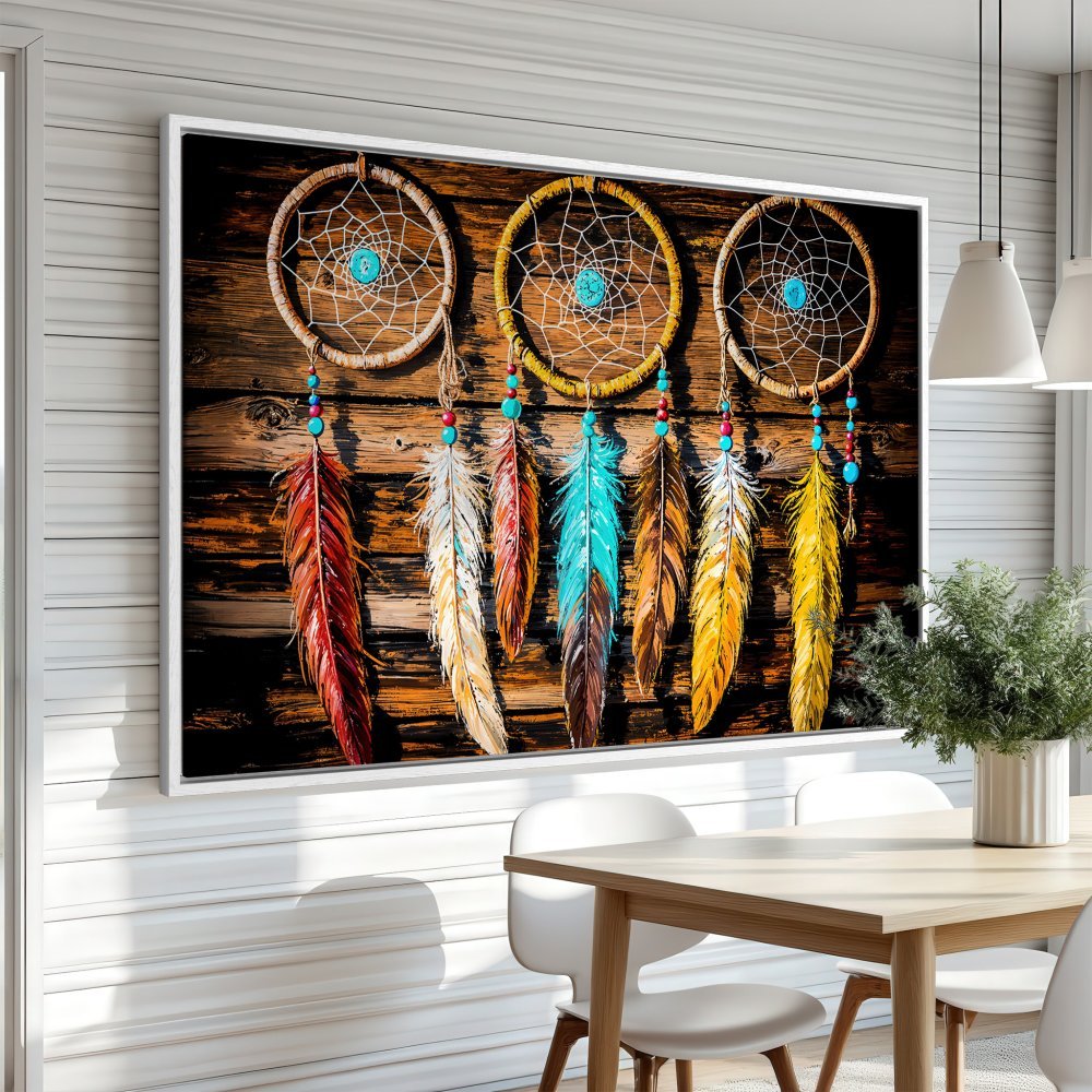 Framed Wall Art: Dreamcatcher print with vibrant feathers. Rustic style, warm brown, turquoise, and yellow color palette. Perfect wall decor!