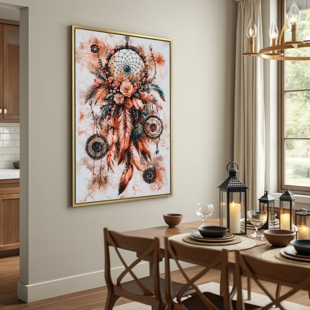 Boho Canvas Print: Dreamcatcher art in warm orange & brown tones. Perfect wall decor for a rustic, inviting space!