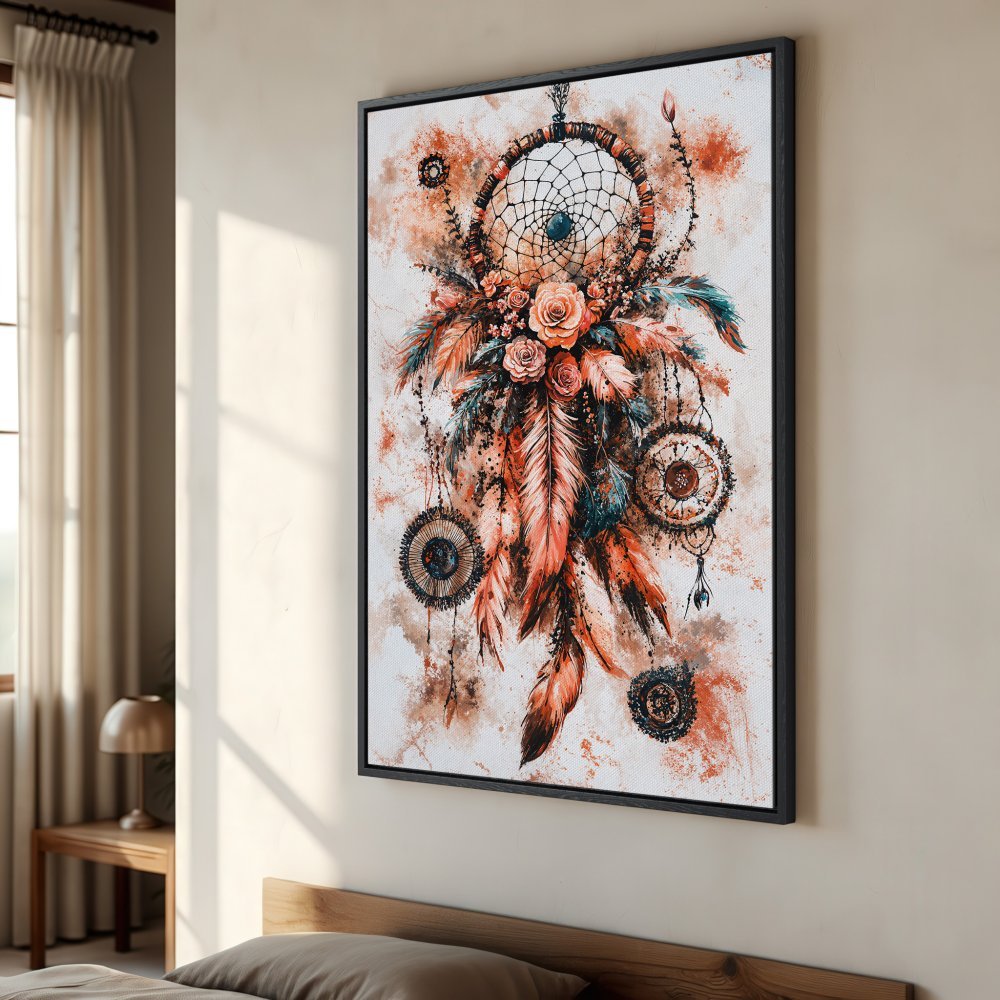 Framed Wall Art featuring a dreamcatcher in watercolor style with warm orange and teal tones. Perfect boho home decor.