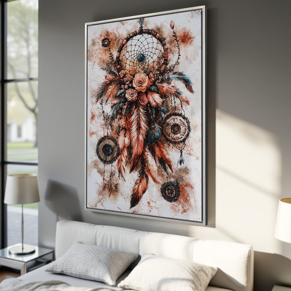Framed Wall Art: Dreamcatcher canvas print in warm earth tones. Boho style art for bedroom decor. Add a touch of serenity to your space.