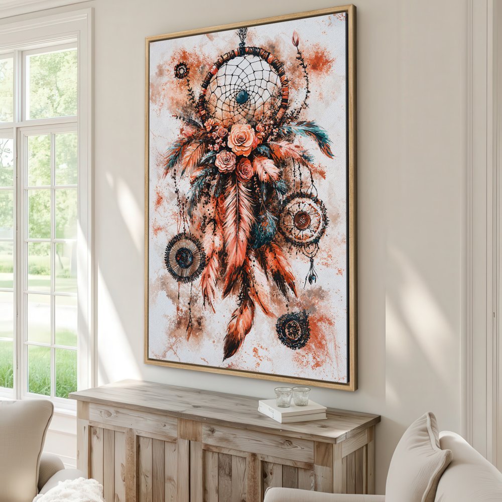 Framed Wall Art: Dreamcatcher Canvas Print in boho style with warm orange and teal tones, perfect for living room decor.